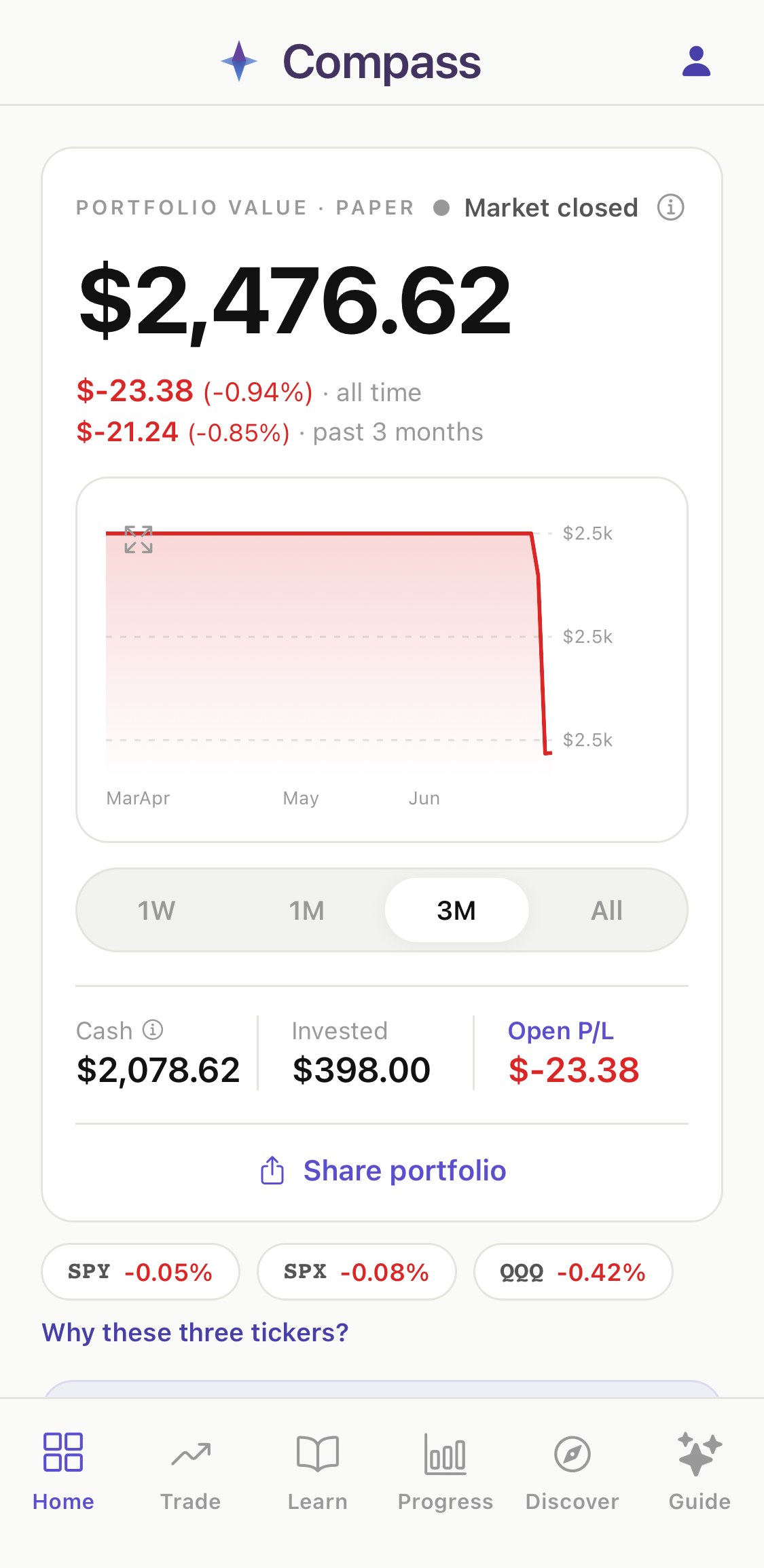 The Compass app showing a paper-trading portfolio and AI coach